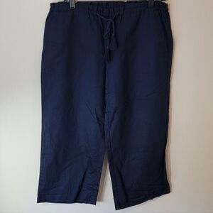 RALPH LAUREN Linen Elastic Drawstring Capri Relaxed Fit Wide Leg Navy Blue Sz M